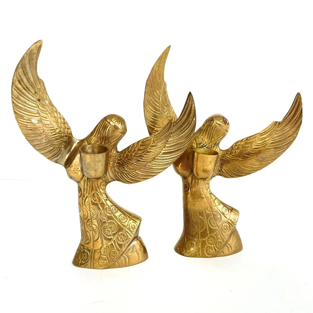 Vintage Brass Angel Candle Holders Pair Mid Century Statues Christmas Boho Decor
